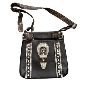 Western Crossbody Purse‎ Womens Silver Buckle Rhinestone Studded Cowgirl Bag